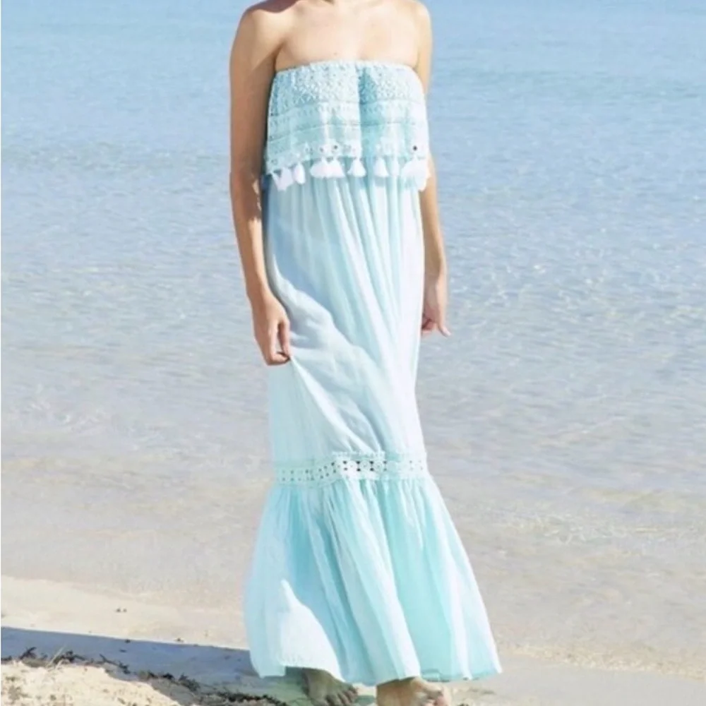 Debbie Katz Off the Shoulder Beach Boho Feminine Beach Resort Teal Maxi Dress S